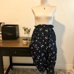 Navy Blue Floral Midi Skirt with Side Buttons